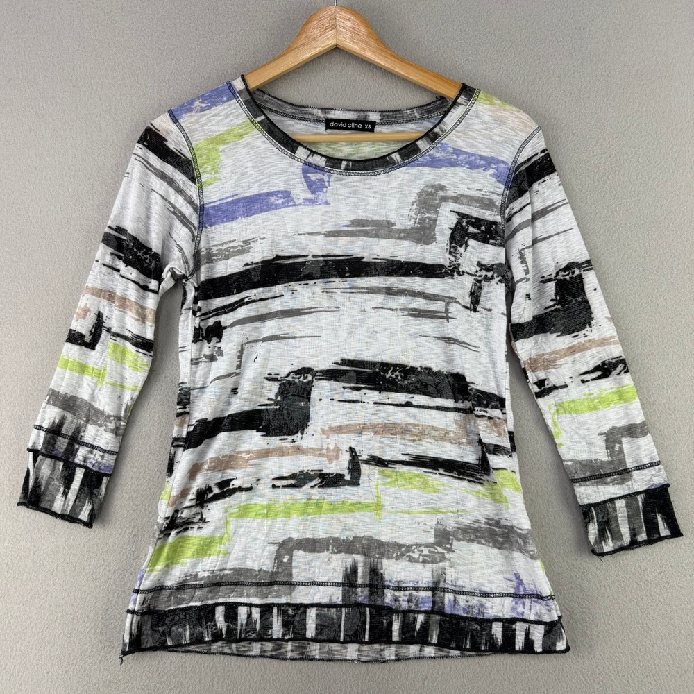 David Cline Y2K Top Women XS Gray Abstract Print Artsy 3/4 Sleeve Made in USA